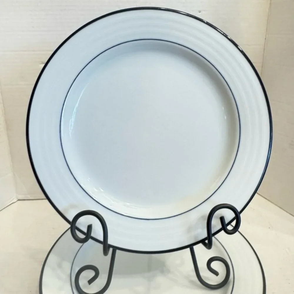 1 Crate & Barrel Spal Porcelain Roulette Blue Trim 10 5/8” Dinner Plate
